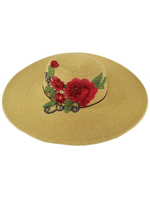 Sun Hats Floral Embroidery Floppy Wide Brim 5" Summer Beach Pool Dress Sun Hat - Dk. Natural - CT18CA8D4H5 $21.61