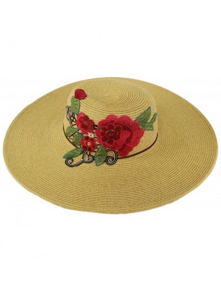 Sun Hats Floral Embroidery Floppy Wide Brim 5" Summer Beach Pool Dress Sun Hat - Dk. Natural - CT18CA8D4H5 $21.61