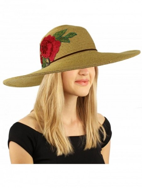 Sun Hats Floral Embroidery Floppy Wide Brim 5" Summer Beach Pool Dress Sun Hat - Dk. Natural - CT18CA8D4H5 $21.61