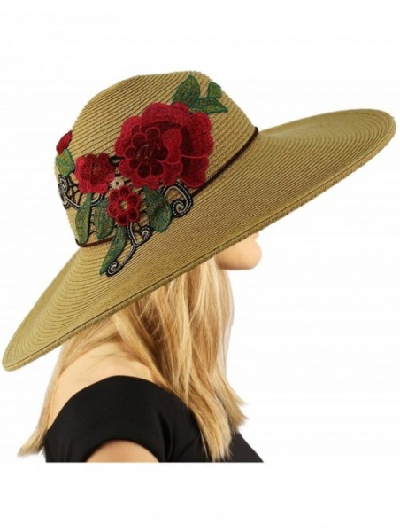 Sun Hats Floral Embroidery Floppy Wide Brim 5" Summer Beach Pool Dress Sun Hat - Dk. Natural - CT18CA8D4H5 $21.61