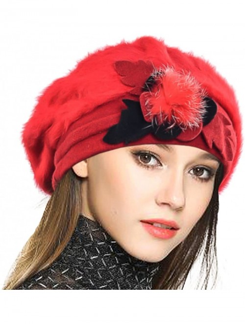 Berets Lady French Beret 100% Wool Beret Floral Dress Beanie Winter Hat - Angola-red - CF187I6OX5Y $18.45