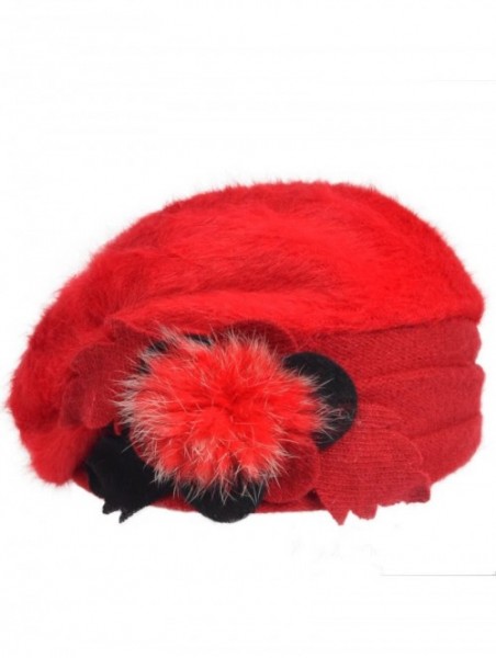 Berets Lady French Beret 100% Wool Beret Floral Dress Beanie Winter Hat - Angola-red - CF187I6OX5Y $18.45