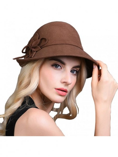 Bucket Hats Women's Decorative Flowers Wool Felt Bucket Hat - Camel - CT12MCI9IVB $36.97