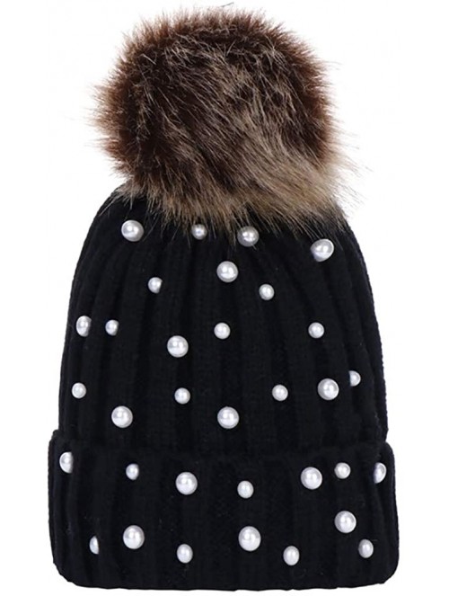 Bomber Hats Women Faux Fur Pom Pom Beanie Cap Fashion Winter Pearl Knit Ski Hat - Black - CR18LK9CXDO $12.50