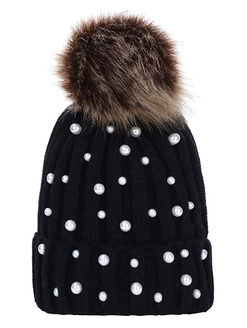 Bomber Hats Women Faux Fur Pom Pom Beanie Cap Fashion Winter Pearl Knit Ski Hat - Black - CR18LK9CXDO $12.50