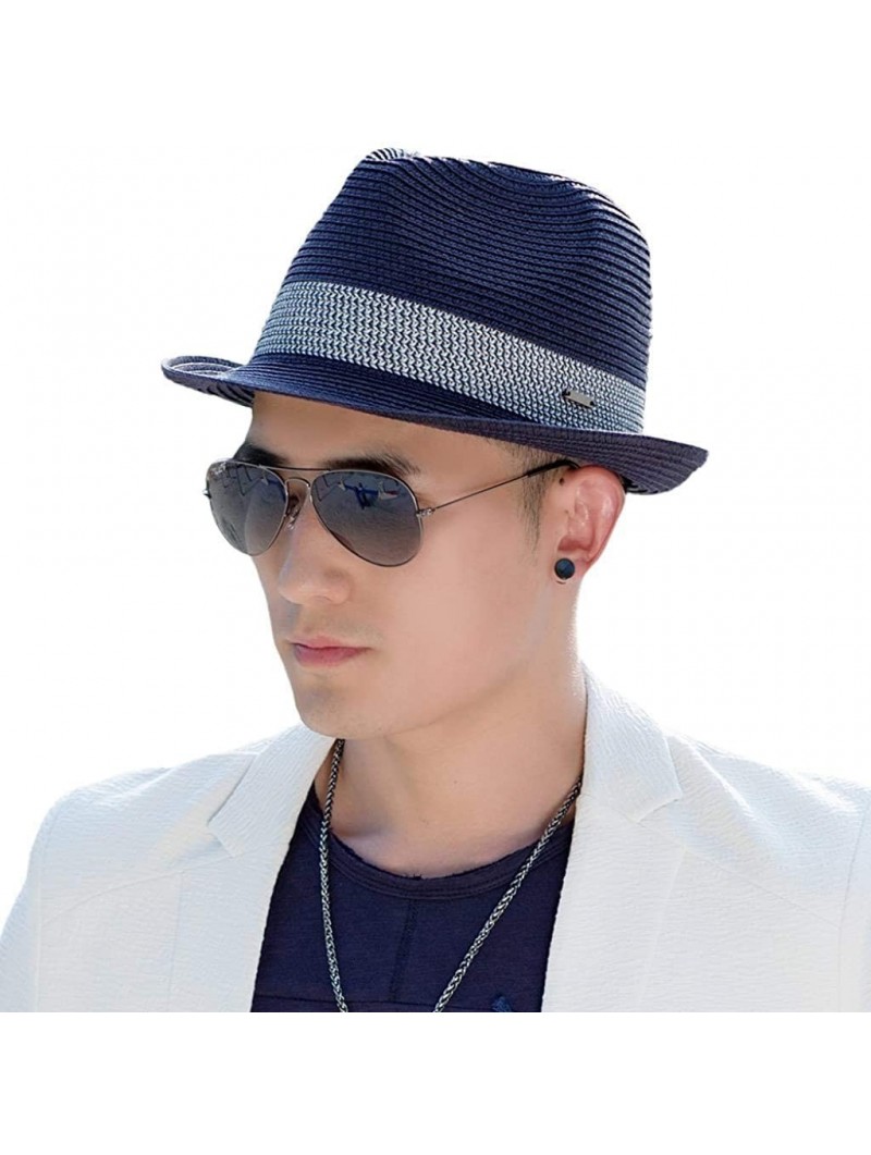 Fedoras Fedora Straw Fashion Sun Hat Packable Summer Panama Beach Hat Men Women 56-62CM - Typea_navy - CL12DPQA0QP $25.47