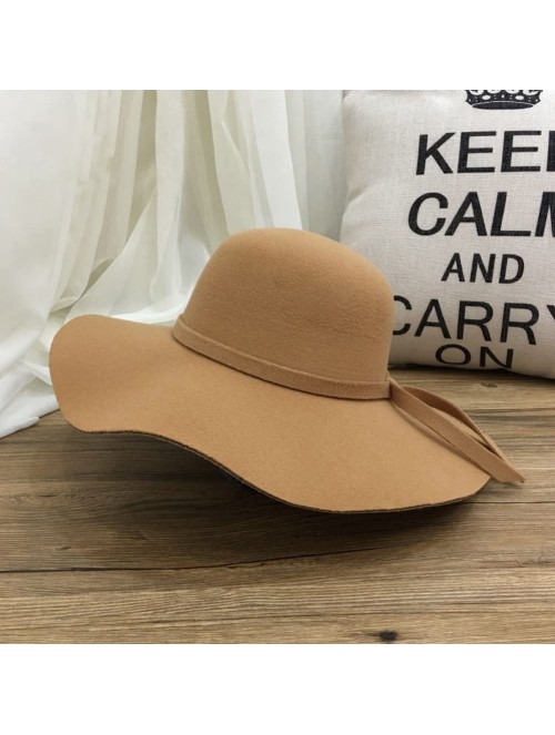 Fedoras Women's Classic Solid Color Wool Blend Wide Brim Floppy Beret Fedora Hat - Camel - CW187MGLIMH $20.29