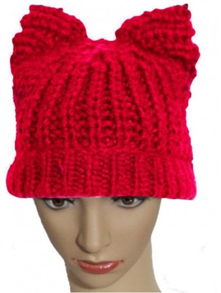 Bucket Hats Knitted Pussycat Ears Beanie International Women's Day Parade Hat Cap - Red - CB189L8I5XQ $14.98