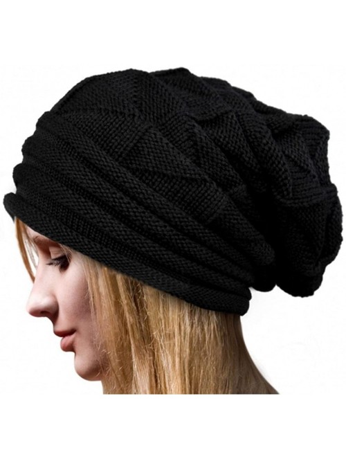 Skullies & Beanies Women Hat- Women Fashion Winter Warm Hat Girls Crochet Wool Knit Beanie Warm Caps - (Fluff) Black - CO1889...