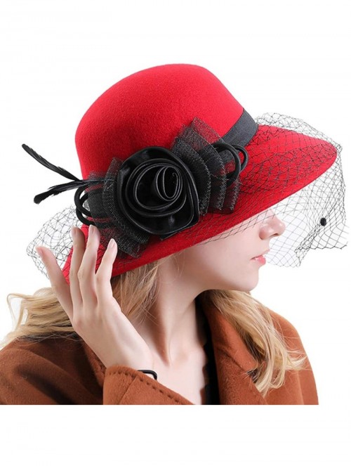 Fedoras Women's Floral Trimmed Wool Blend Cloche Winter Hat - Model D - Red - CH192O6E427 $40.16