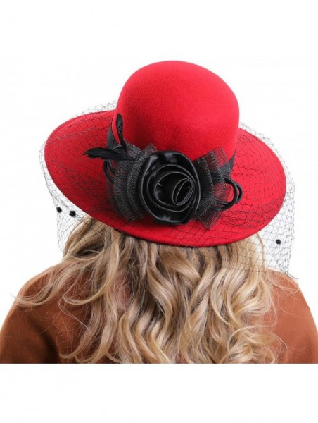 Fedoras Women's Floral Trimmed Wool Blend Cloche Winter Hat - Model D - Red - CH192O6E427 $40.16