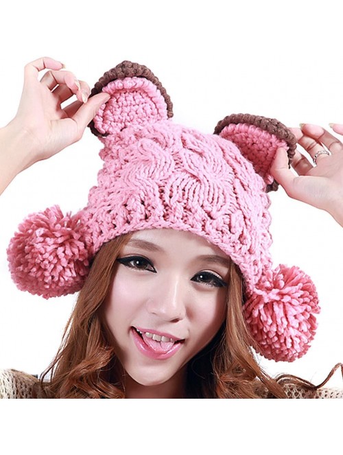 Skullies & Beanies Cat Ear Pom Pom Cabled Knit Beanie Crochet Rib Hat Brim Cap FFH083GRY - Pink - CV11IFCMNFR $16.32