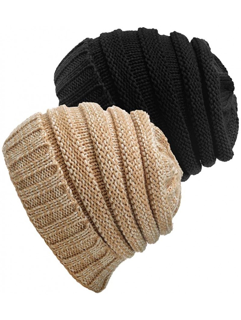 Skullies & Beanies Womens Slouchy Winter Knit Beanie Hats Warm Chunky Ski Cap Soft Skull Knit Cap for Women - ①black&camel - ...