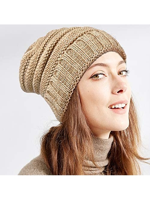 Skullies & Beanies Womens Slouchy Winter Knit Beanie Hats Warm Chunky Ski Cap Soft Skull Knit Cap for Women - ①black&camel - ...