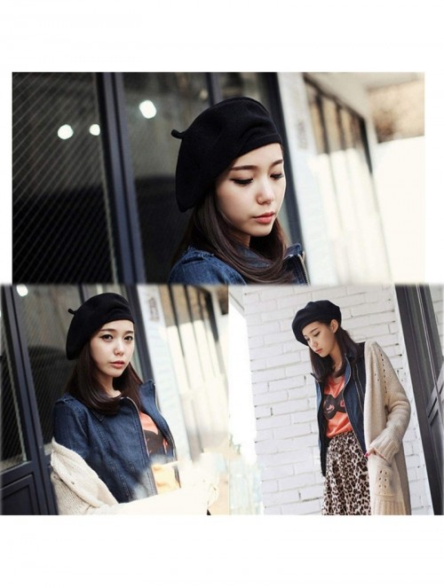 Berets Spring Beret Hat Flat Cap Women Wool Berets Hat Caps Casquette Female Warm Winter Cap - Black - CI18A2X09N3 $23.38