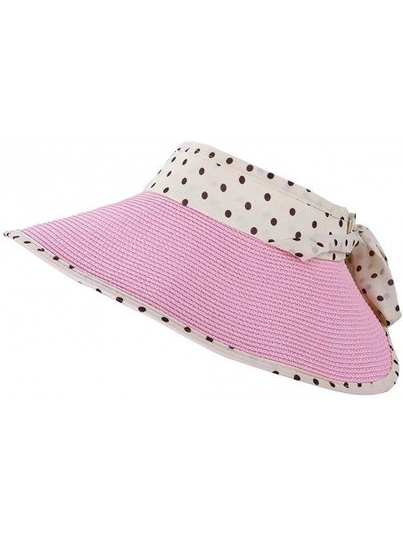 Visors Women's Roll Up Straw Floppy Wide Brim Sun Visor Hat with Polka Dot Bow - Pink - C712GZQKWXT $14.63