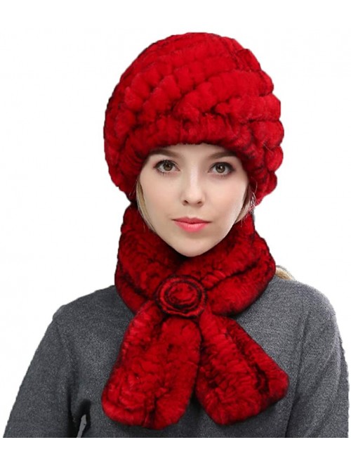 Skullies & Beanies Women's Real Rex Rabbit Fur Hat and Real Rabbit Fur Scarf 1 Set Winter Warm Fashion - Red - CM18UKHA4IA $3...