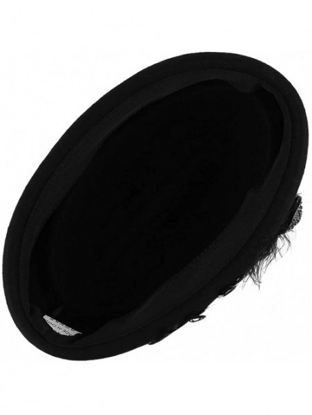 Berets Women Vintage Wool Felt Beret Hat Stewardess Style Feather Fascinator Pillbox Hat Wedding Cocktail Party - Black - C21...