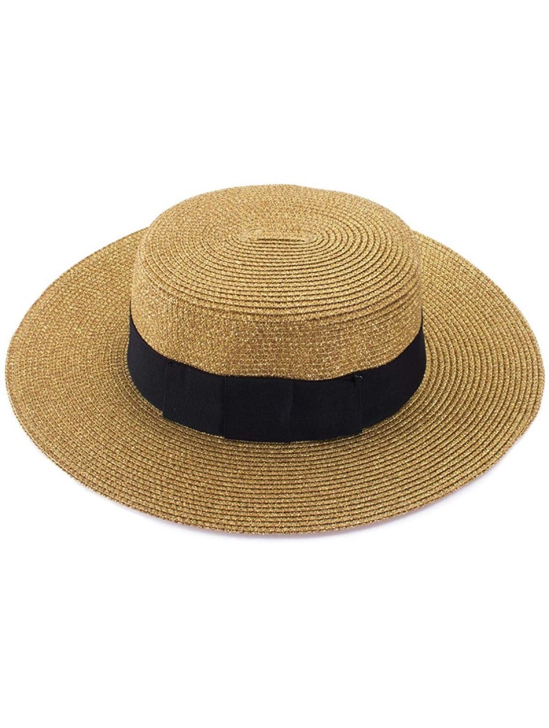 Sun Hats Gold Womens Flat Top Panama Boater Dress Glitter Beach Sun Hat T241 - CK182YDH972 $13.82