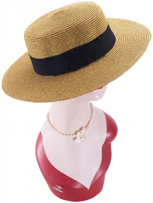 Sun Hats Gold Womens Flat Top Panama Boater Dress Glitter Beach Sun Hat T241 - CK182YDH972 $13.82