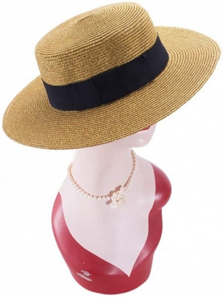 Sun Hats Gold Womens Flat Top Panama Boater Dress Glitter Beach Sun Hat T241 - CK182YDH972 $13.82