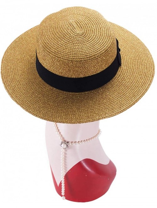 Sun Hats Gold Womens Flat Top Panama Boater Dress Glitter Beach Sun Hat T241 - CK182YDH972 $13.82