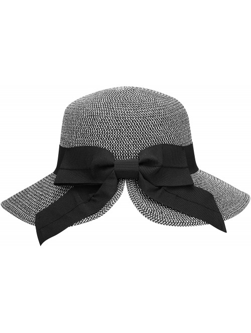 Sun Hats Women's Pretty Vintage Foldable Straw Hat w/Large Accent Bowtie - Black White Mix - C818CHYNXZW $21.43