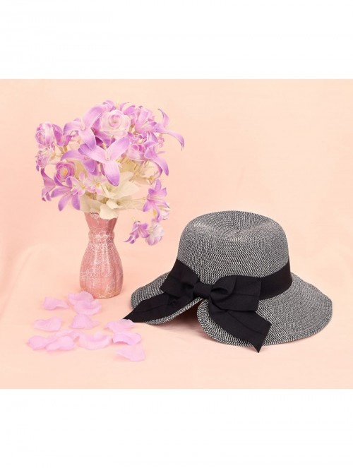 Sun Hats Women's Pretty Vintage Foldable Straw Hat w/Large Accent Bowtie - Black White Mix - C818CHYNXZW $21.43