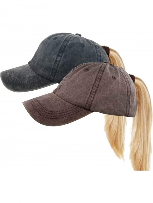 Baseball Caps Messy High Bun Women Ponytail-Baseball-Hat Twill Vintage Trucker Ponycap -Without Hair - Black+coffee - CE18N77...