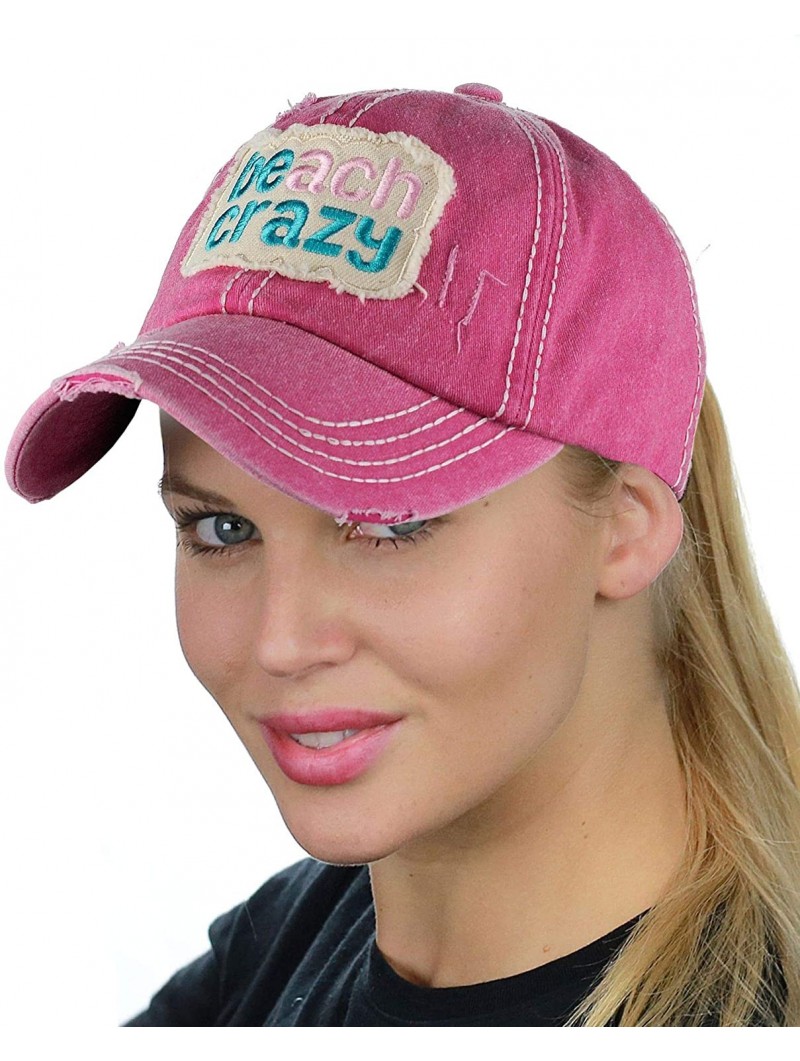 Baseball Caps Womens Distressed Vintage Unconstructed Embroidered Patched Ponytail Mesh Bun Cap - Beach Crazy-hot Pink - C118...