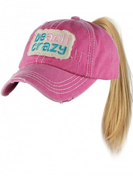 Baseball Caps Womens Distressed Vintage Unconstructed Embroidered Patched Ponytail Mesh Bun Cap - Beach Crazy-hot Pink - C118...