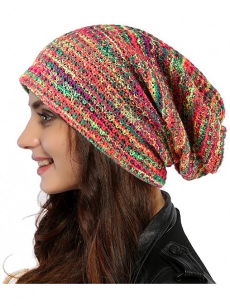 Skullies & Beanies Women Oversized Slouchy Beanie Knit Hat Colorful Long Baggy Skull Cap for Winter - Red/Multi - CF18UE63GAG...