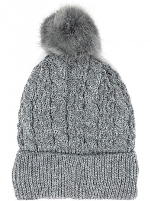 Skullies & Beanies Trendy Chunky Soft Stretch Cable Knit Beanie Hat with Warm Fleece Lining & Pom Pom - Grey - CG18KRE3UOU $1...
