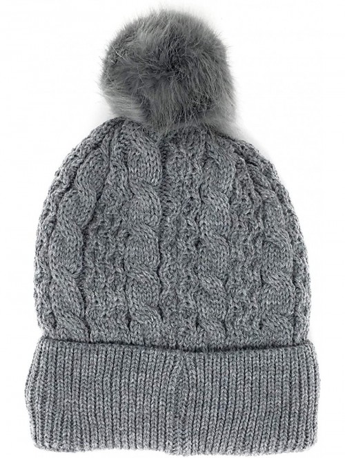 Skullies & Beanies Trendy Chunky Soft Stretch Cable Knit Beanie Hat with Warm Fleece Lining & Pom Pom - Grey - CG18KRE3UOU $1...