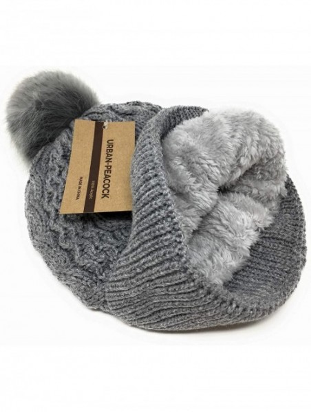 Skullies & Beanies Trendy Chunky Soft Stretch Cable Knit Beanie Hat with Warm Fleece Lining & Pom Pom - Grey - CG18KRE3UOU $1...