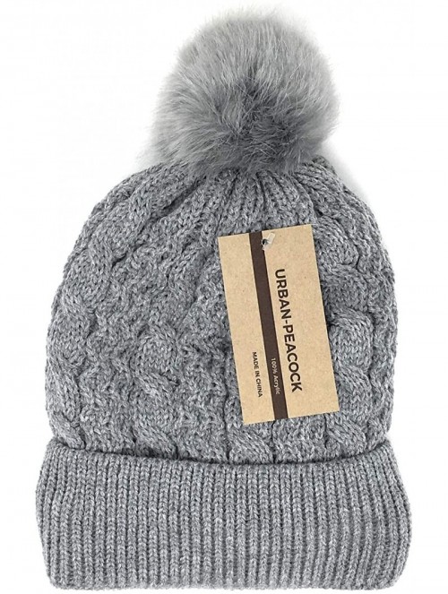 Skullies & Beanies Trendy Chunky Soft Stretch Cable Knit Beanie Hat with Warm Fleece Lining & Pom Pom - Grey - CG18KRE3UOU $1...