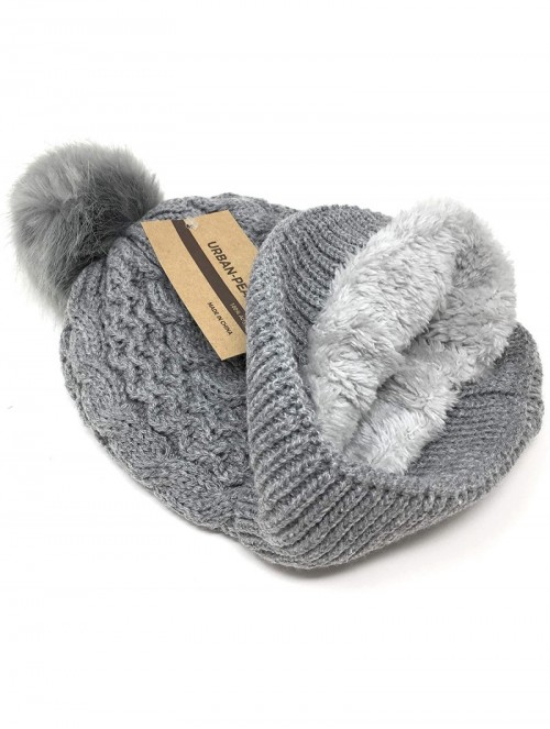 Skullies & Beanies Trendy Chunky Soft Stretch Cable Knit Beanie Hat with Warm Fleece Lining & Pom Pom - Grey - CG18KRE3UOU $1...