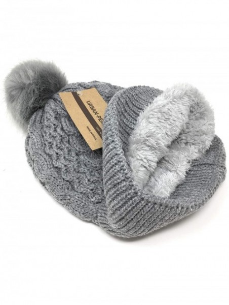 Skullies & Beanies Trendy Chunky Soft Stretch Cable Knit Beanie Hat with Warm Fleece Lining & Pom Pom - Grey - CG18KRE3UOU $1...