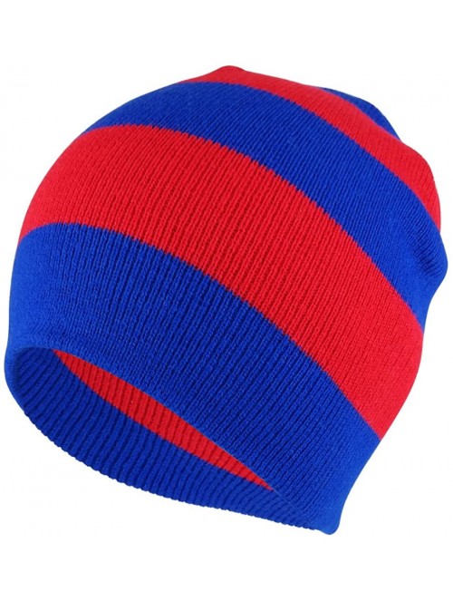 Skullies & Beanies Two Tone Thick Striped Acrylic Knit Short Winter Beanie Hat - Red Royal - C71862XMYL5 $11.27