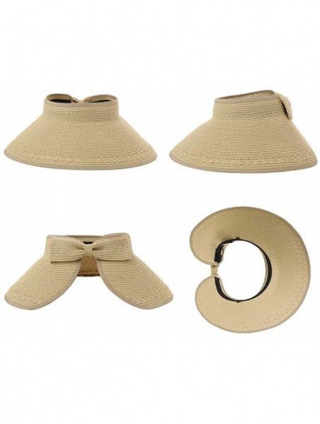 Sun Hats Rollup Straw Sun Visor Foldable Wide Brim Travel Hat Freesize Ponytail Fashion - 00764_beige - CZ18T740SG8 $17.77