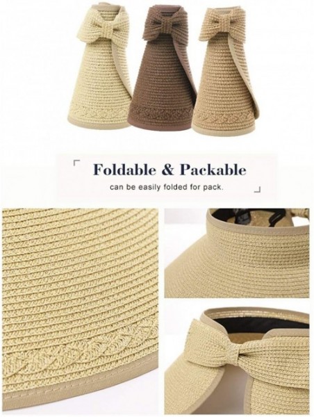 Sun Hats Rollup Straw Sun Visor Foldable Wide Brim Travel Hat Freesize Ponytail Fashion - 00764_beige - CZ18T740SG8 $17.77