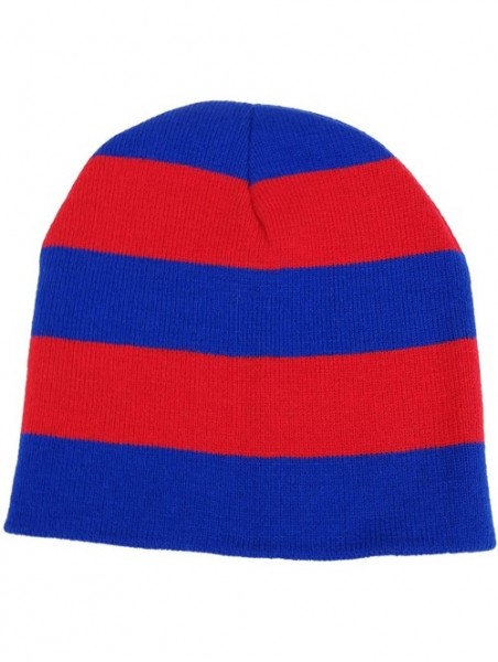 Skullies & Beanies Two Tone Thick Striped Acrylic Knit Short Winter Beanie Hat - Red Royal - C71862XMYL5 $11.27