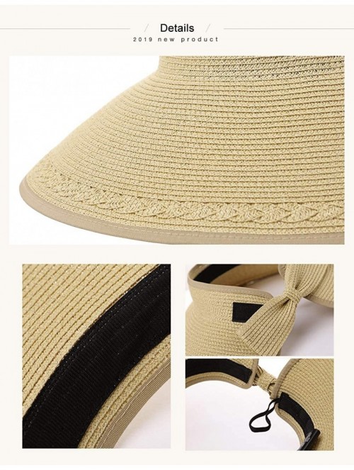 Sun Hats Rollup Straw Sun Visor Foldable Wide Brim Travel Hat Freesize Ponytail Fashion - 00764_beige - CZ18T740SG8 $17.77