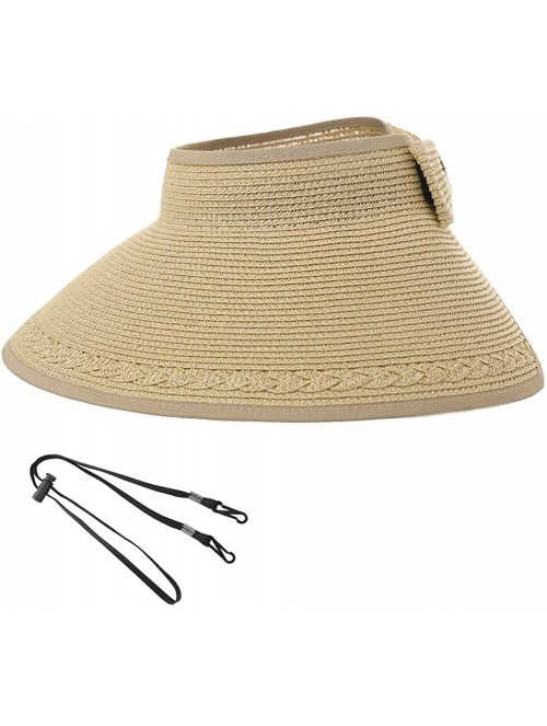 Sun Hats Rollup Straw Sun Visor Foldable Wide Brim Travel Hat Freesize Ponytail Fashion - 00764_beige - CZ18T740SG8 $17.77