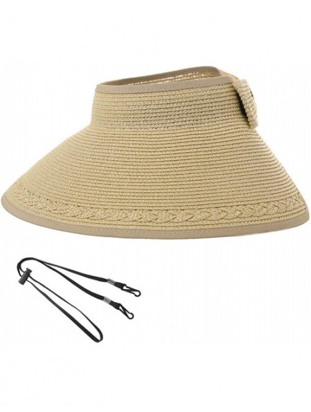 Sun Hats Rollup Straw Sun Visor Foldable Wide Brim Travel Hat Freesize Ponytail Fashion - 00764_beige - CZ18T740SG8 $17.77