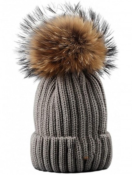 Skullies & Beanies Knitted Real Fur Hat 100% Real Raccoon Fur Pom Pom Hat Winter Women Hat Beanie for Women - Grey - CQ18LZ8O...