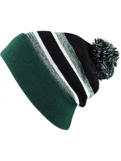 Skullies & Beanies Winter Soft Unisex Cuff Pom Pom Stripe Knit Beanie Skull Slouch Hat - D.green/Black - CP1876DELRI $13.26