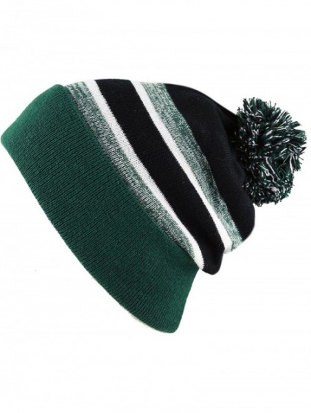 Skullies & Beanies Winter Soft Unisex Cuff Pom Pom Stripe Knit Beanie Skull Slouch Hat - D.green/Black - CP1876DELRI $13.26