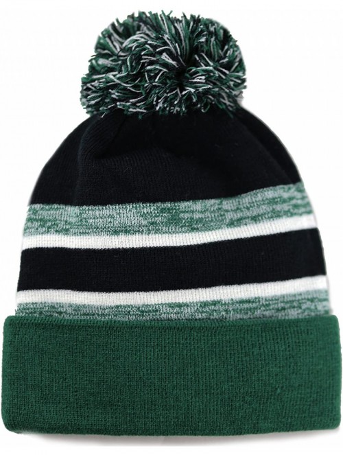 Skullies & Beanies Winter Soft Unisex Cuff Pom Pom Stripe Knit Beanie Skull Slouch Hat - D.green/Black - CP1876DELRI $13.26