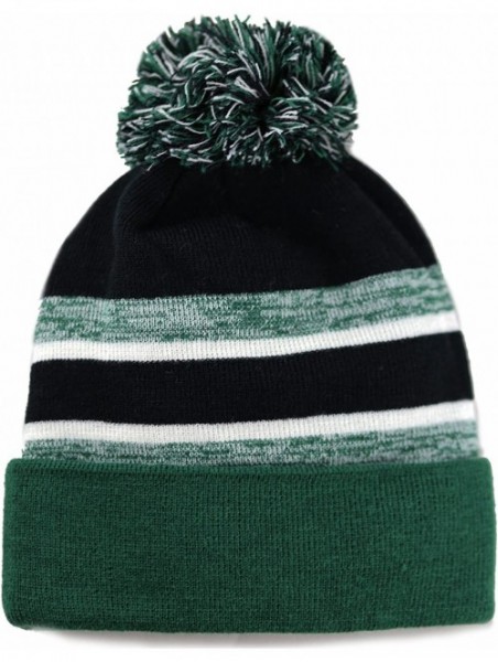 Skullies & Beanies Winter Soft Unisex Cuff Pom Pom Stripe Knit Beanie Skull Slouch Hat - D.green/Black - CP1876DELRI $13.26